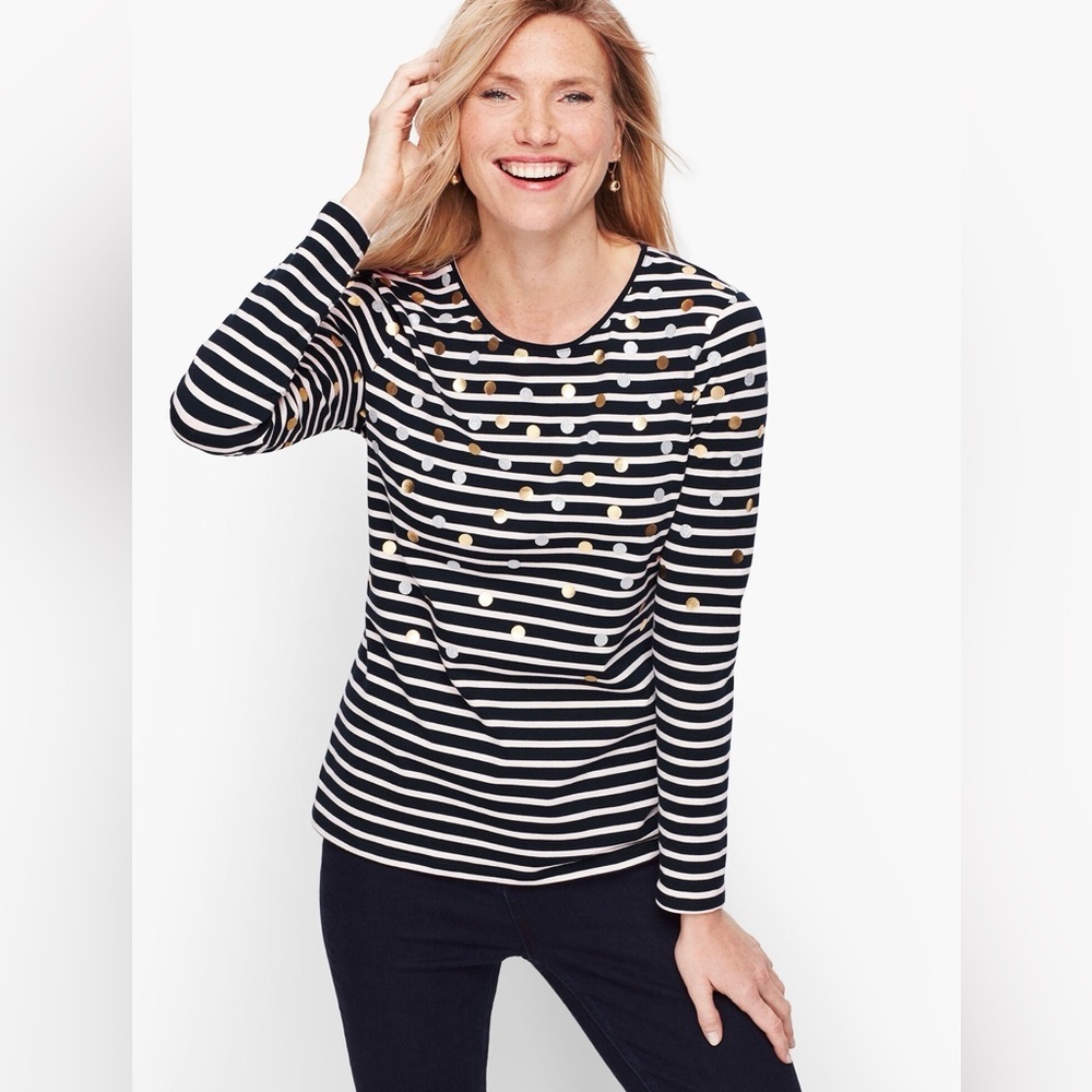 Talbots Striped Long Sleeve Tee Medium Navy White Ornament Print